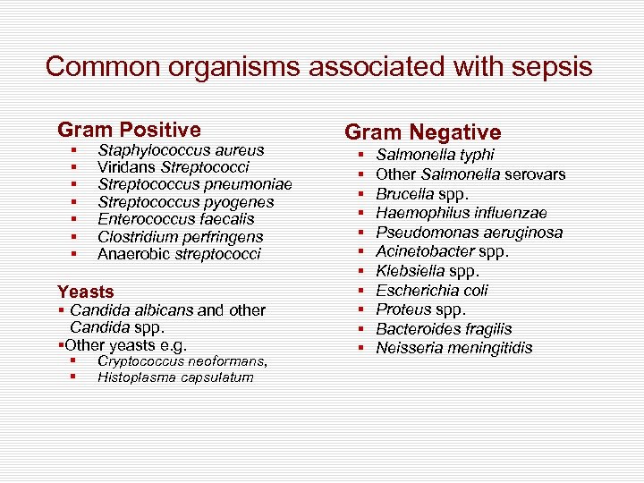 Common organisms associated with sepsis Gram Positive § § § § Staphylococcus aureus Viridans