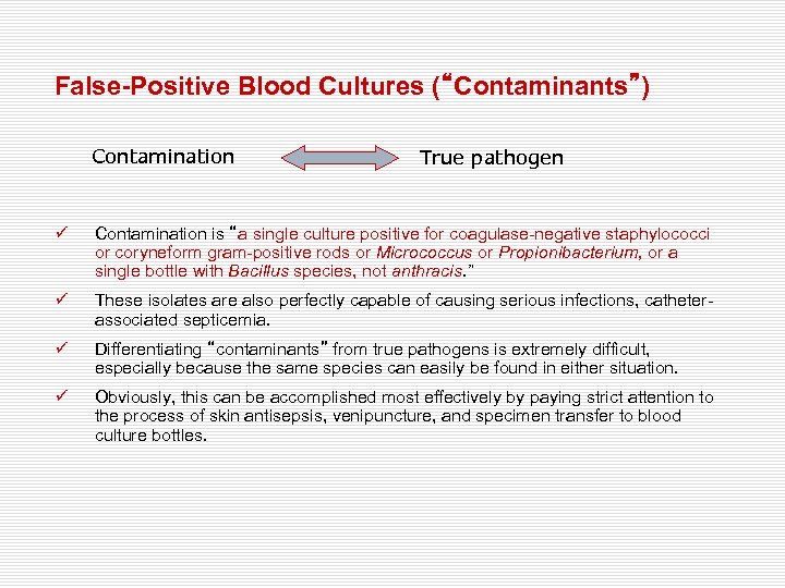 False-Positive Blood Cultures (“Contaminants”) Contamination True pathogen ü Contamination is “a single culture positive