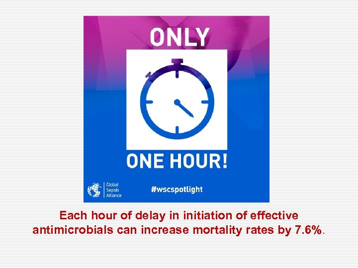 Each hour of delay in initiation of effective antimicrobials can increase mortality rates by