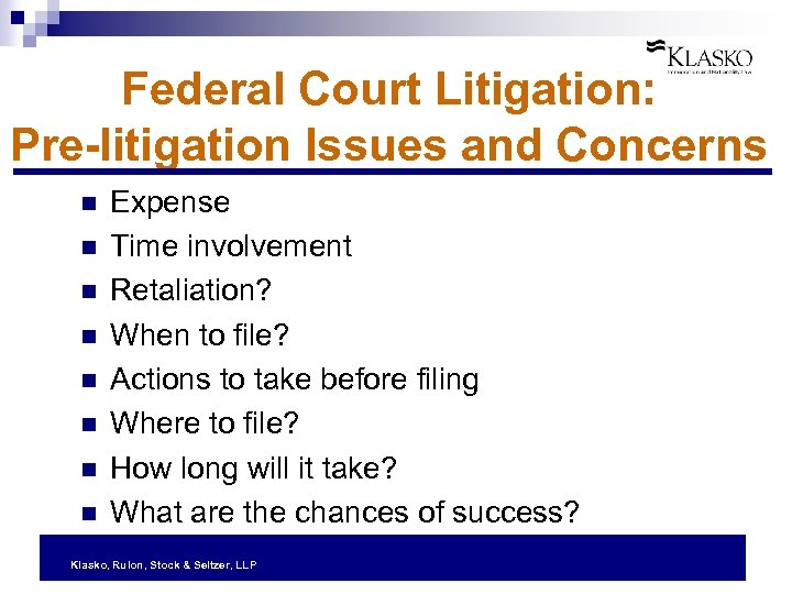 Federal Court Litigation: Pre-litigation Issues and Concerns n n n n Expense Time involvement