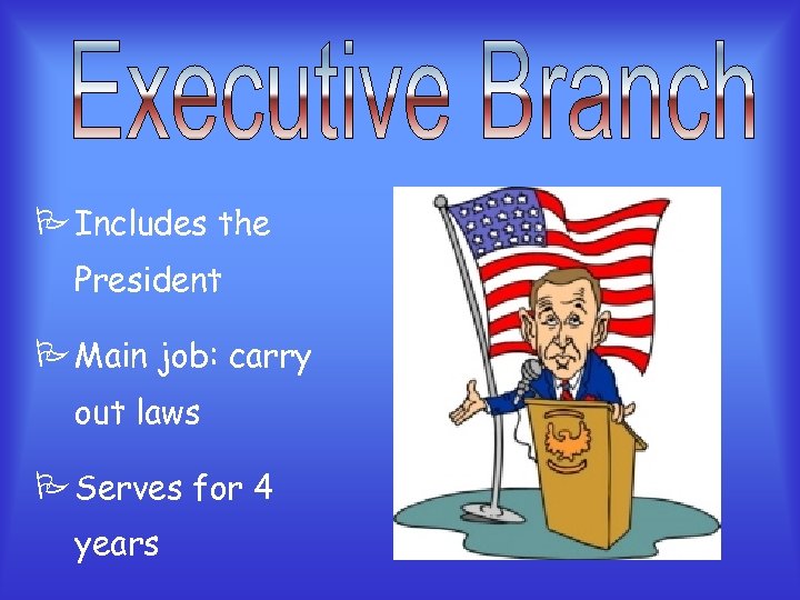 P Includes the President P Main job: carry out laws P Serves for 4