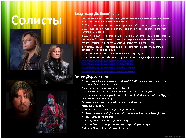 Солисты Владимир Дыбский тенор • • • Настоящее время : главная роль Эдмона Дантеса