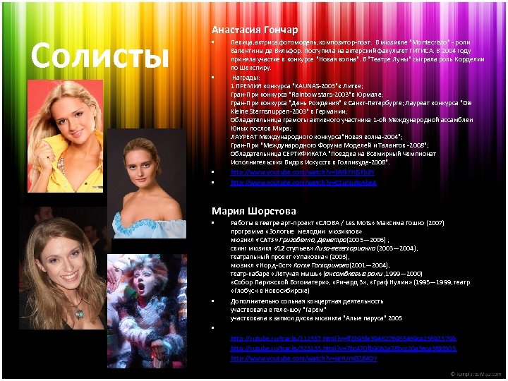 Солисты Анастасия Гончар • • Певица, актриса, фотомодель, композитор-поэт. В мюзикле 