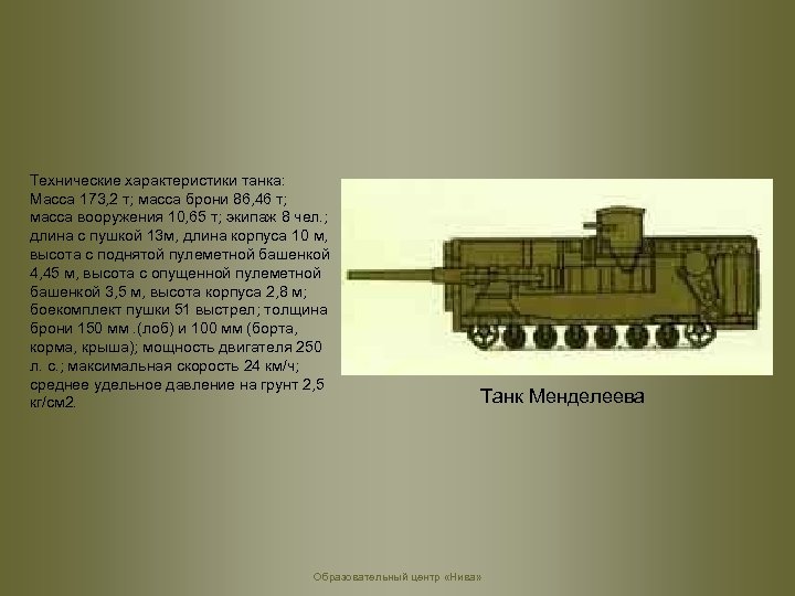 Технические характеристики танка: Масса 173, 2 т; масса брони 86, 46 т; масса вооружения