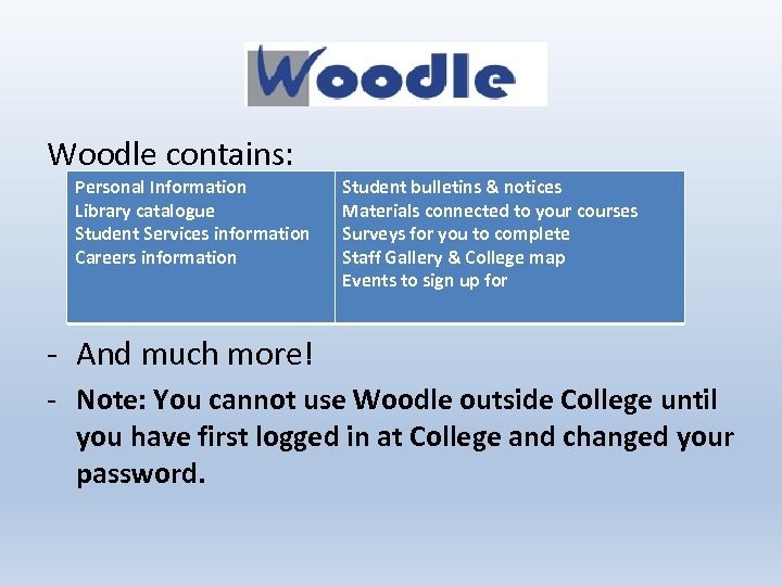 Woodle contains: Personal Information Library catalogue Student Services information Careers information Student bulletins &
