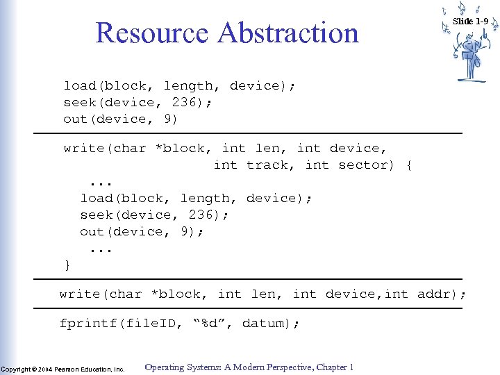Resource Abstraction Slide 1 -9 load(block, length, device); seek(device, 236); out(device, 9) write(char *block,