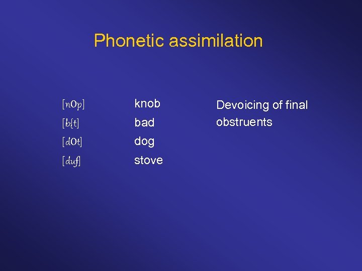 Phonetic assimilation [n. Op] knob [b{t] bad [d. Ot] dog [duf] stove Devoicing of