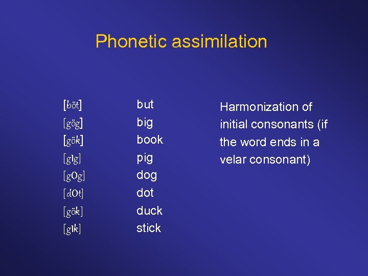 Phonetic assimilation [böt] [gög] [gök] [g. Ig] [g. Og] [d. Ot] [gök] [g. Ik]