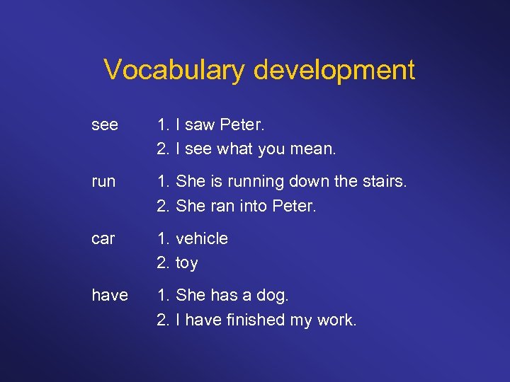 Vocabulary development see 1. I saw Peter. 2. I see what you mean. run