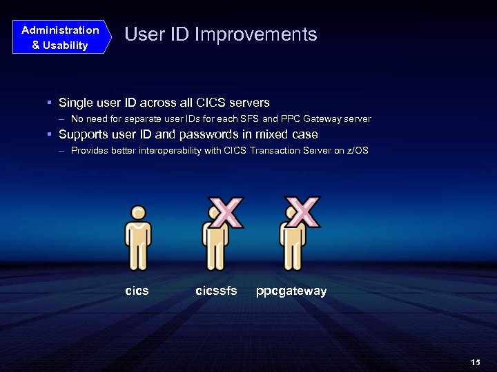 Administration & Usability User ID Improvements § Single user ID across all CICS servers