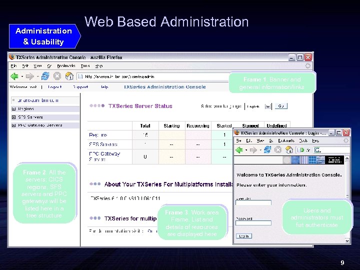 Administration & Usability Web Based Administration Frame 1. Banner and general information/links Frame 2.