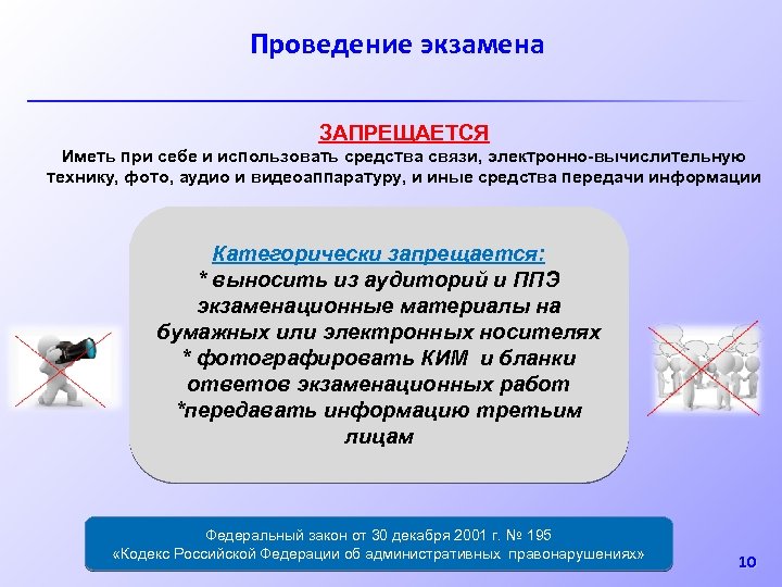 Проведение экзамена ЗАПРЕЩАЕТСЯ Иметь при себе и использовать средства связи, электронно-вычислительную технику, фото, аудио