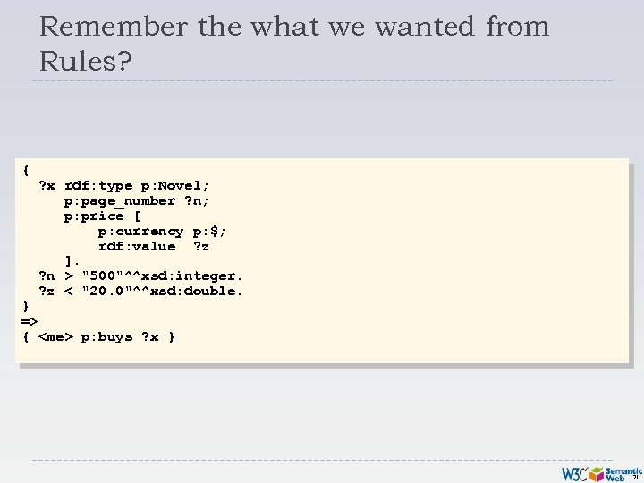 Remember the what we wanted from Rules? { ? x rdf: type p: Novel;