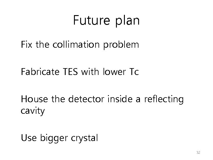Future plan Fix the collimation problem Fabricate TES with lower Tc House the detector