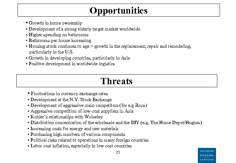 Opportunities • Growth in home ownership • Development of a strong elderly target market