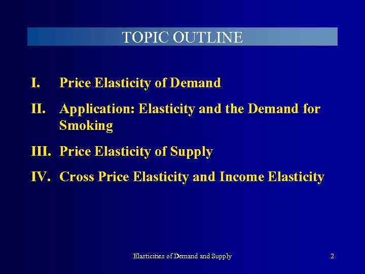 TOPIC OUTLINE I. Price Elasticity of Demand II. Application: Elasticity and the Demand for
