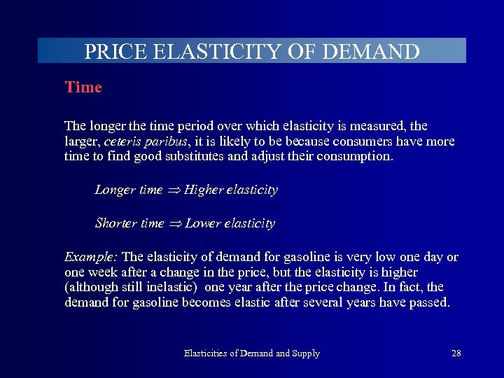 PRICE ELASTICITY OF DEMAND Time The longer the time period over which elasticity is