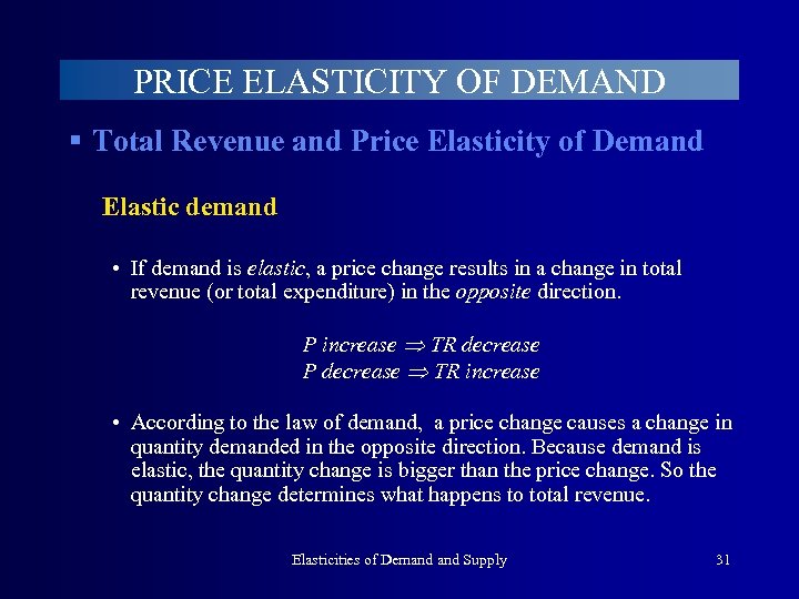 PRICE ELASTICITY OF DEMAND § Total Revenue and Price Elasticity of Demand Elastic demand