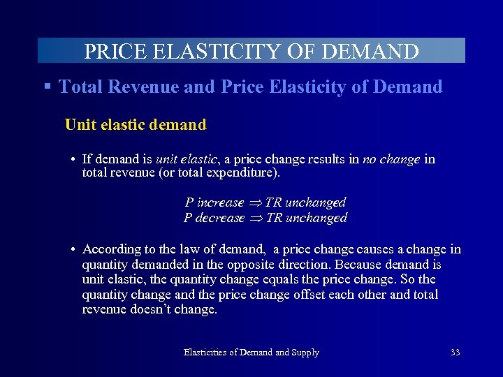 PRICE ELASTICITY OF DEMAND § Total Revenue and Price Elasticity of Demand Unit elastic