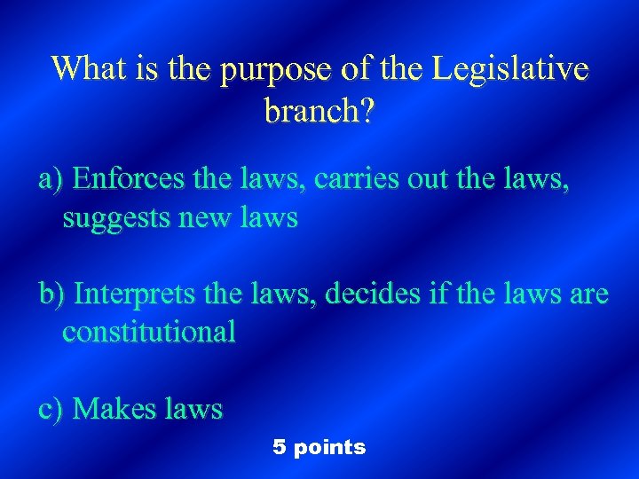 What is the purpose of the Legislative branch? a) Enforces the laws, carries out