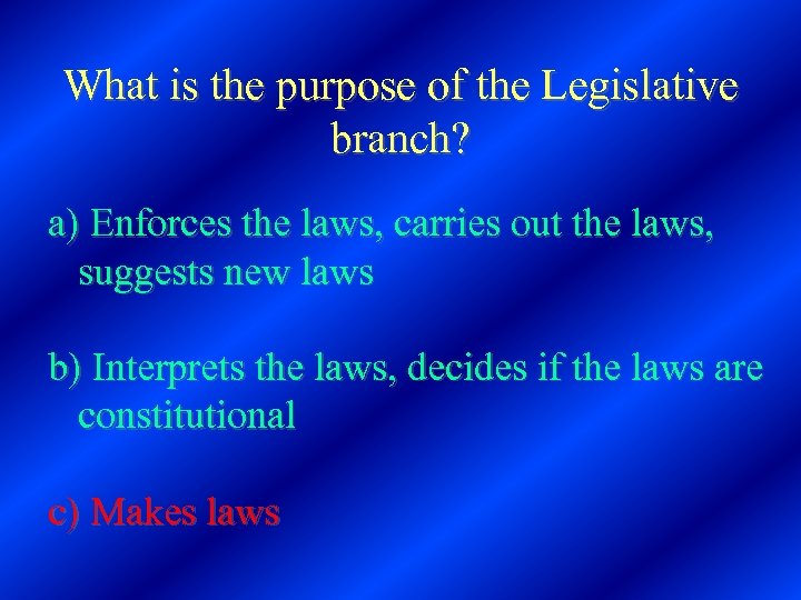 What is the purpose of the Legislative branch? a) Enforces the laws, carries out