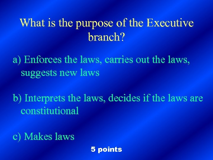 What is the purpose of the Executive branch? a) Enforces the laws, carries out