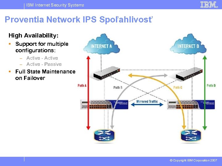 IBM Internet Security Systems Proventia Network IPS Spoľahlivosť High Availability: § Support for multiple