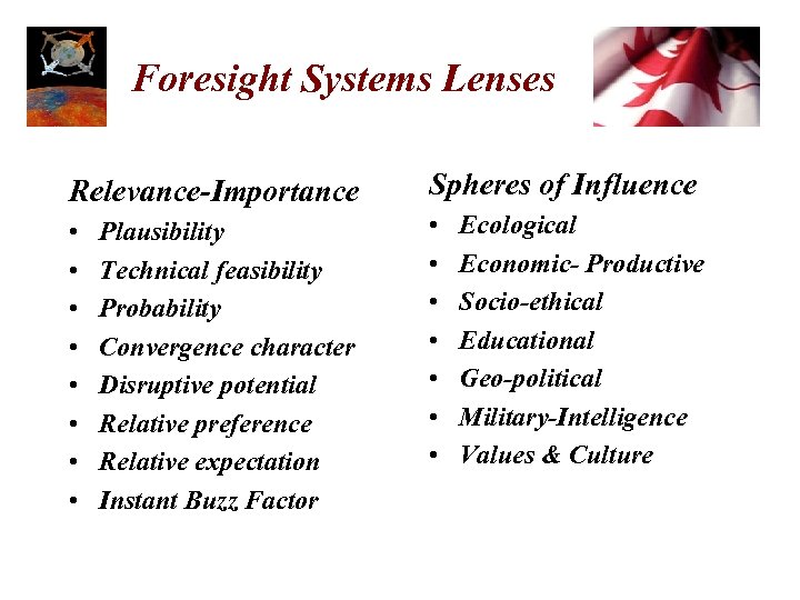 Foresight Systems Lenses Relevance-Importance Spheres of Influence • • • • Plausibility Technical feasibility