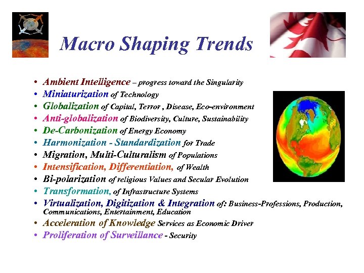 Macro Shaping Trends • • • • Ambient Intelligence – progress toward the Singularity