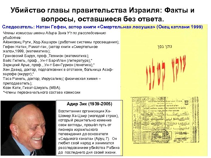 Убийство главы правительства Израиля: Факты и вопросы, оставшиеся без ответа. Следователь: Натан Гефен, автор