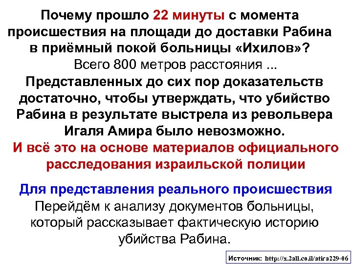 Почему прошло 22 минуты с момента происшествия на площади до доставки Рабина в приёмный