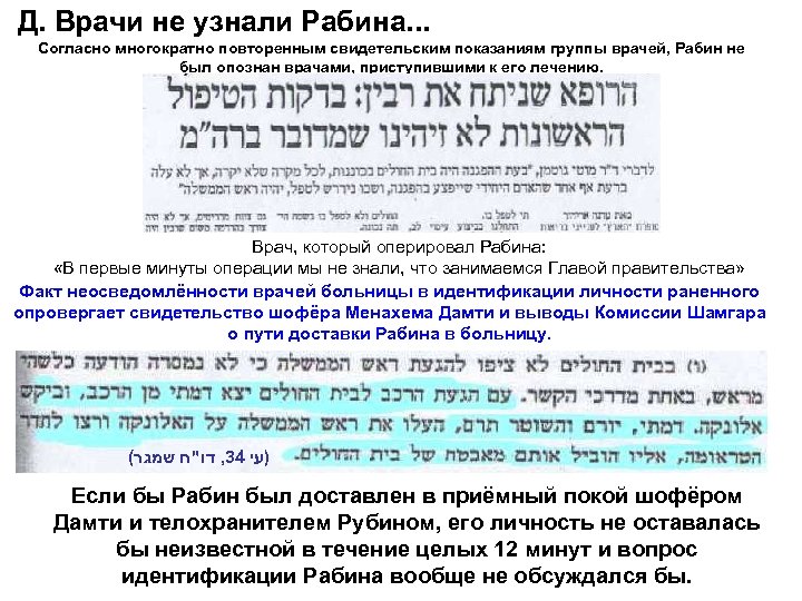 Д. Врачи не узнали Рабина. . . Согласно многократно повторенным свидетельским показаниям группы врачей,