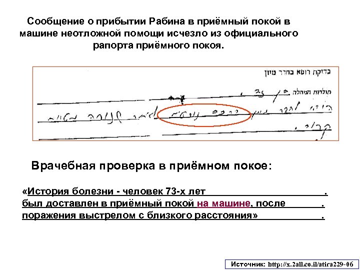 Сообщение о прибытии Рабина в приёмный покой в машине неотложной помощи исчезло из официального