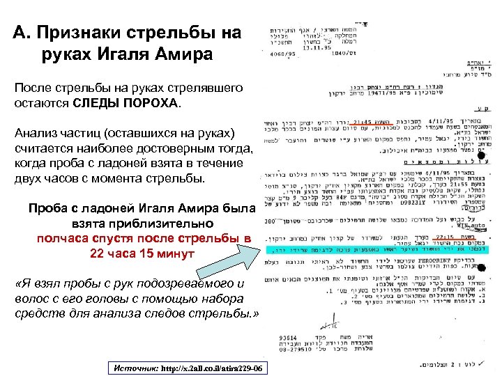 А. Признаки стрельбы на руках Игаля Амира После стрельбы на руках стрелявшего остаются СЛЕДЫ