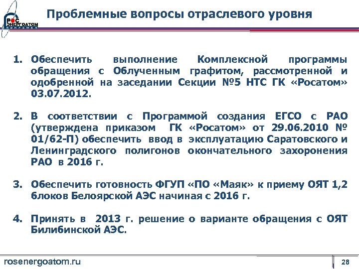 Проблемные вопросы отраслевого уровня 1. Обеспечить выполнение Комплексной программы обращения с Облученным графитом, рассмотренной