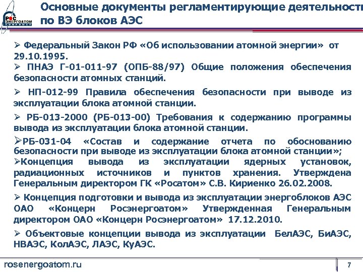 Основные документы регламентирующие деятельность по ВЭ блоков АЭС Ø Федеральный Закон РФ «Об использовании
