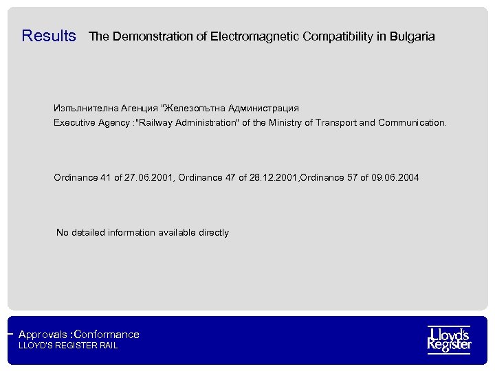 Results The Demonstration of Electromagnetic Compatibility in Bulgaria Изпълнителна Агенция "Железопътна Администрация Executive Agency