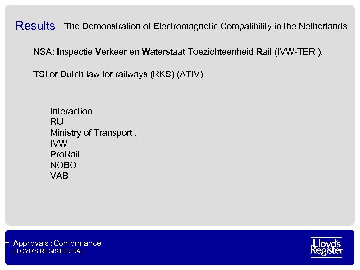 Results The Demonstration of Electromagnetic Compatibility in the Netherlands NSA: Inspectie Verkeer en Waterstaat