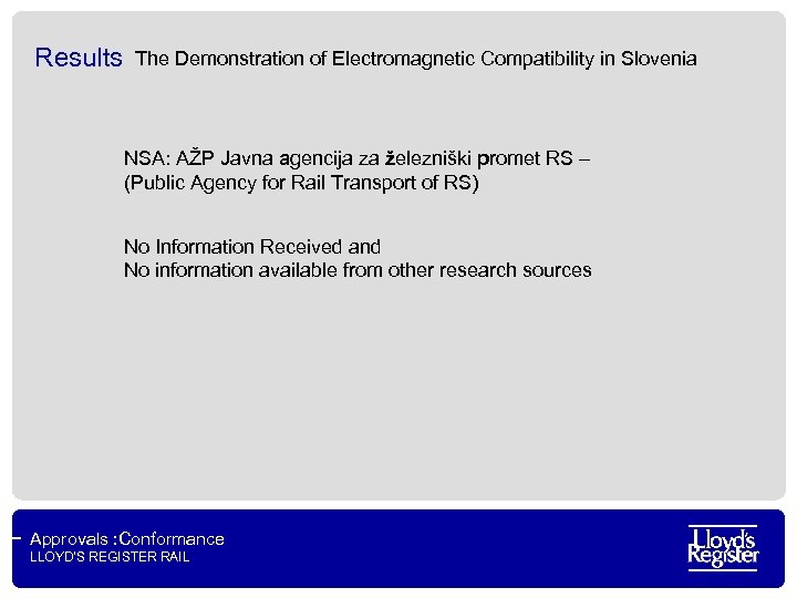 Results The Demonstration of Electromagnetic Compatibility in Slovenia NSA: AŽP Javna agencija za železniški