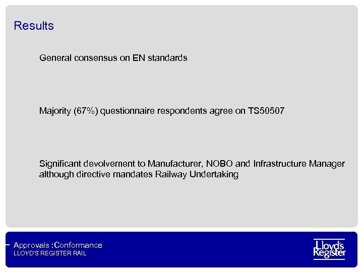 Results General consensus on EN standards Majority (67%) questionnaire respondents agree on TS 50507