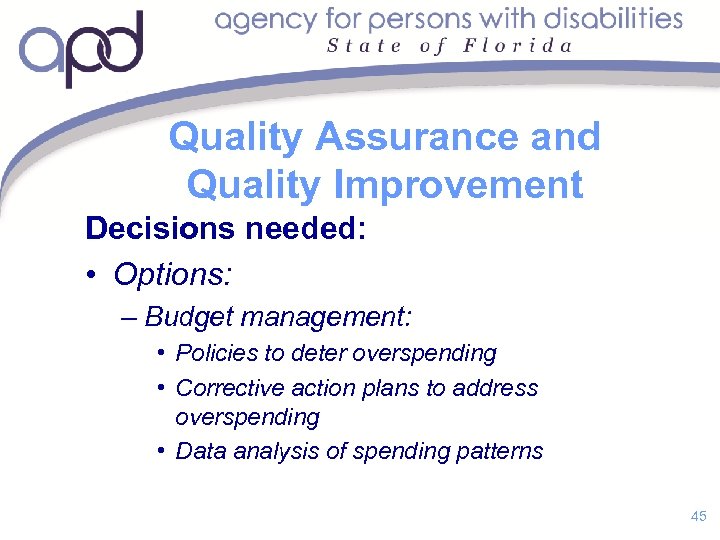 Quality Assurance and Quality Improvement Decisions needed: • Options: – Budget management: • Policies