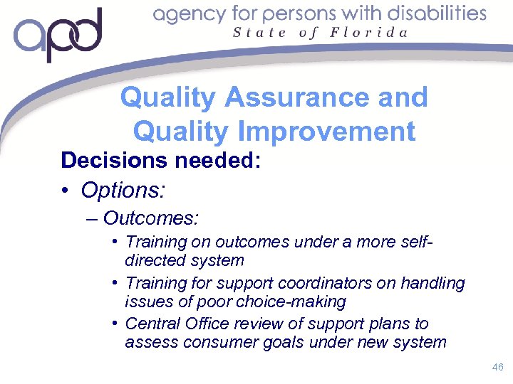 Quality Assurance and Quality Improvement Decisions needed: • Options: – Outcomes: • Training on