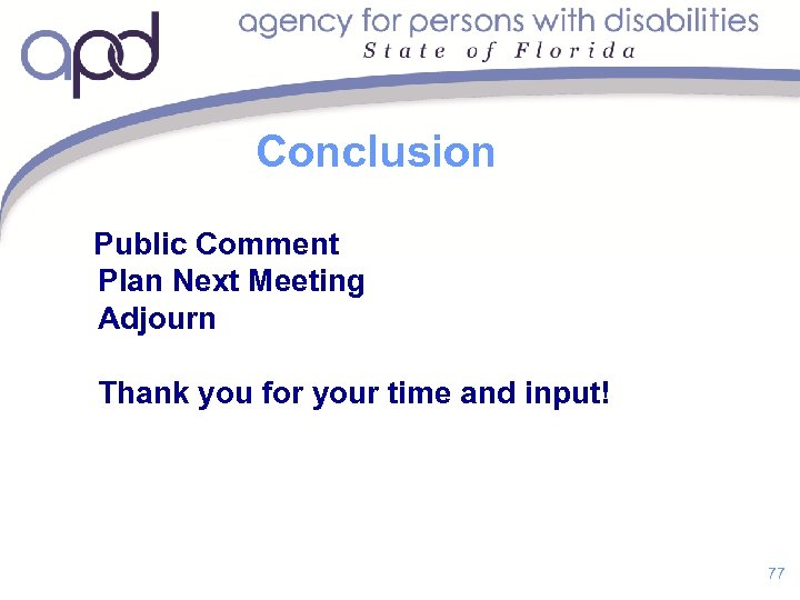 Conclusion Public Comment Plan Next Meeting Adjourn Thank you for your time and input!