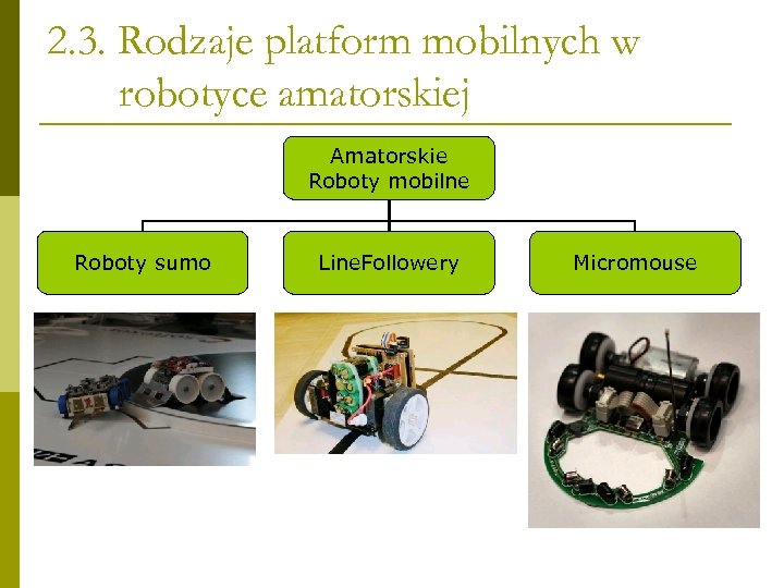 2. 3. Rodzaje platform mobilnych w robotyce amatorskiej Amatorskie Roboty mobilne Roboty sumo Line.