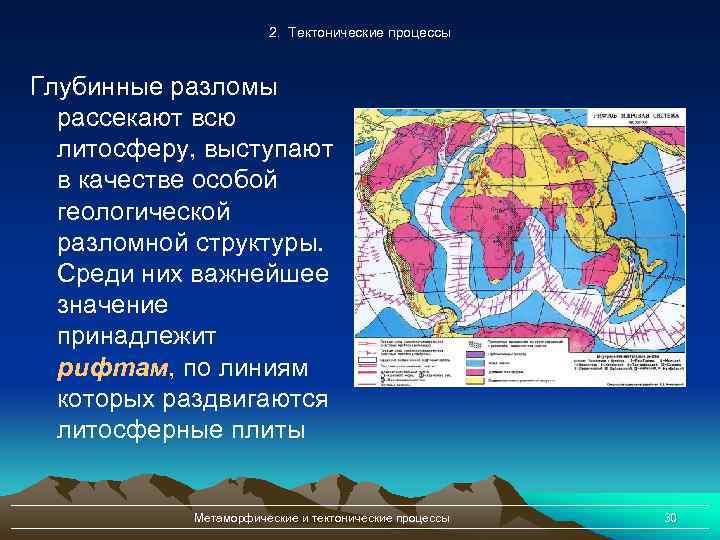 2. Тектонические процессы Глубинные разломы рассекают всю литосферу, выступают в качестве особой геологической разломной