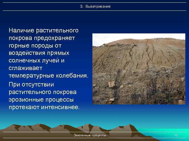 3. Выветривание Наличие растительного покрова предохраняет горные породы от воздействия прямых солнечных лучей и
