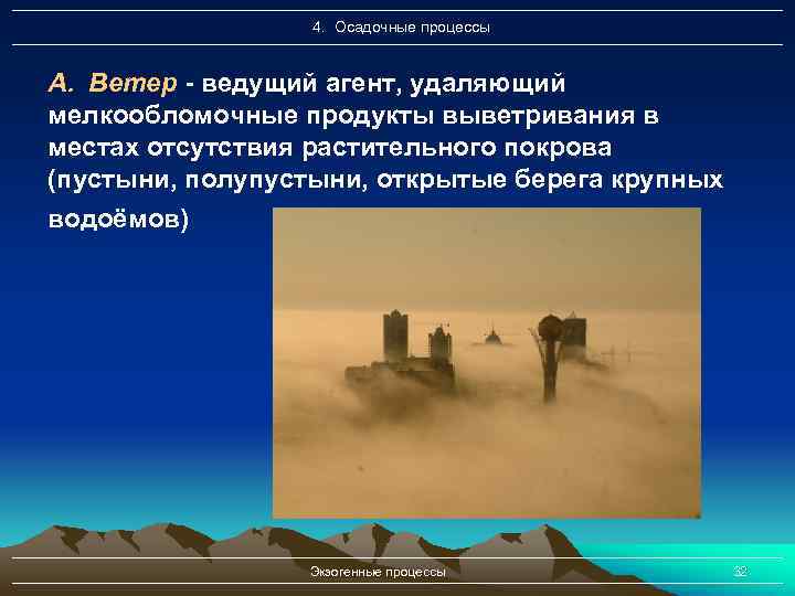 4. Осадочные процессы А. Ветер - ведущий агент, удаляющий мелкообломочные продукты выветривания в местах