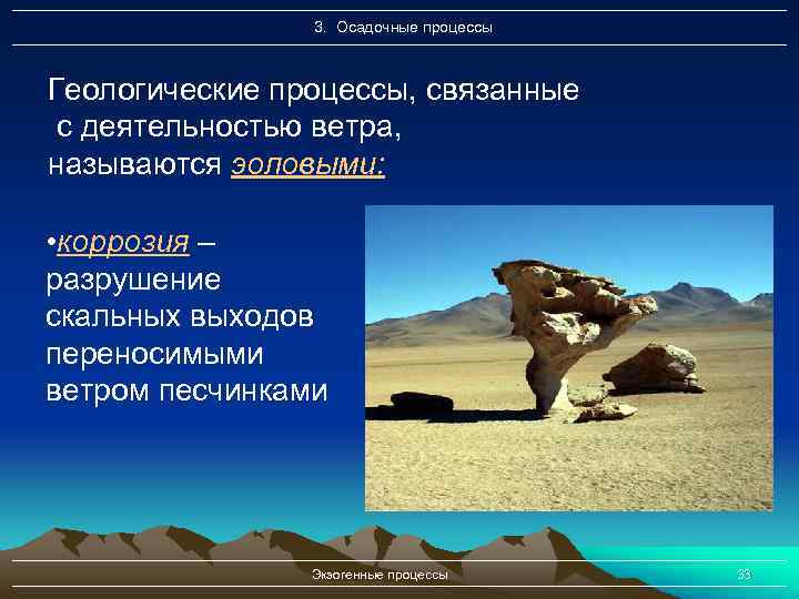 3. Осадочные процессы Геологические процессы, связанные с деятельностью ветра, называются эоловыми: • коррозия –