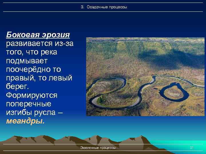 3. Осадочные процессы Боковая эрозия развивается из-за того, что река подмывает поочерёдно то правый,