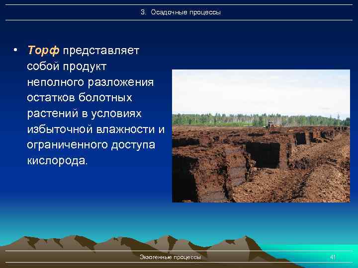 3. Осадочные процессы • Торф представляет собой продукт неполного разложения остатков болотных растений в